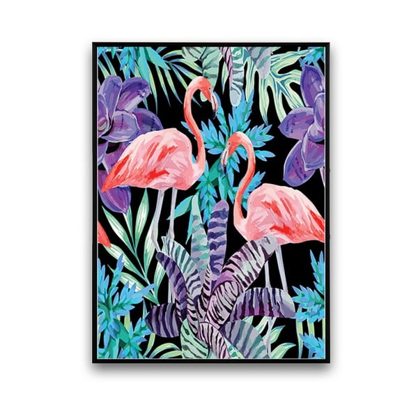 Plakat z flamingami i kwiatami, czarne tło, 30 x 40 cm