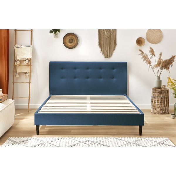 Niebieske tapicerowane łóżko dwuosobowe ze stelażem 160x200 cm Rory – Bobochic Paris-image-1