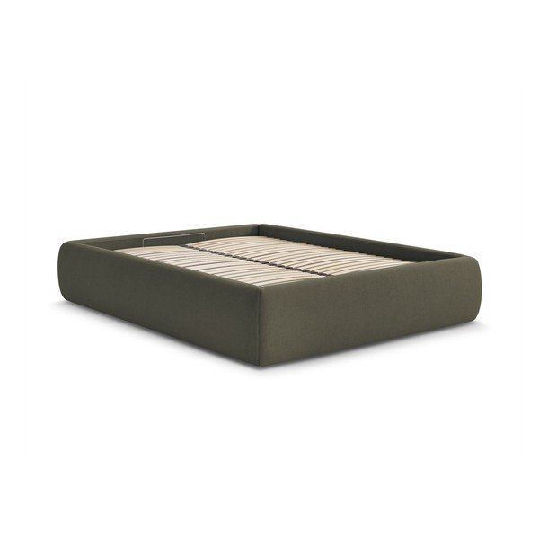 Ciemnozielone tapicerowane łóżko dwuosobowe bez zagłówka ze schowkiem i stelażem 160x200 cm Inera – Bobochic Paris