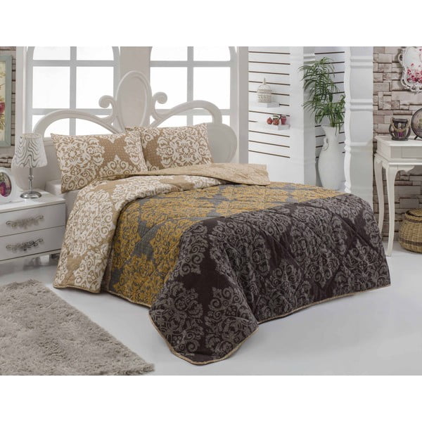 Narzuta na łóżko z poszewką na poduszkę Minerva Brown, 160x220 cm