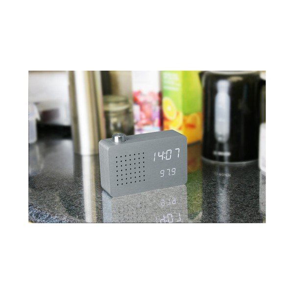 Szary budzik z białym wyświetlaczem LED i radiem Gingko Radio Click Clock-image-3