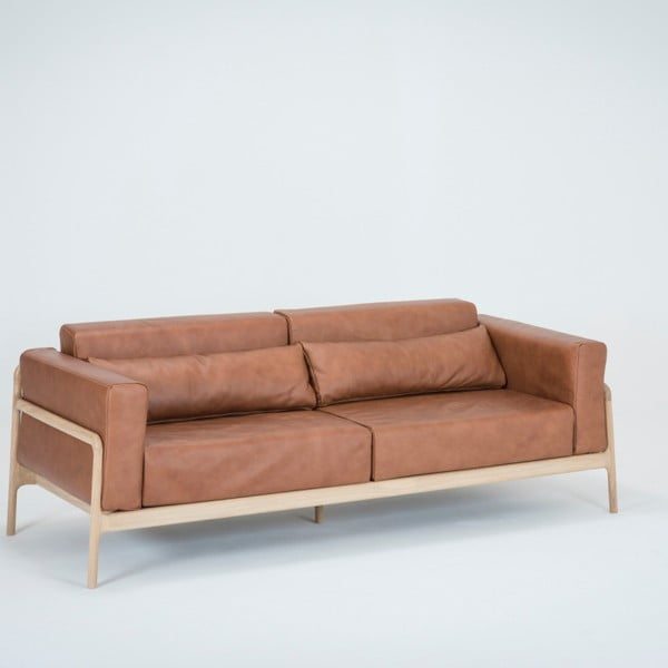Karmelowa sofa z bawolej skóry z konstrukcją z litego drewna dębowego Gazzda Fawn, 210 cm-image-4