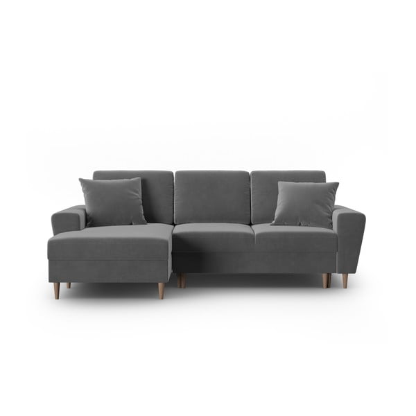 Jasnoszary aksamitny rozkładany narożnik ze schowkiem (lewostronny/z szezlongiem) Kyoto – Cosmopolitan Design