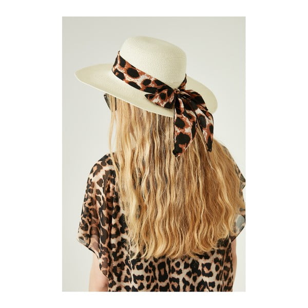 Kremowy damski słomiany kapelusz z chustką Alexander McKensey Leopard