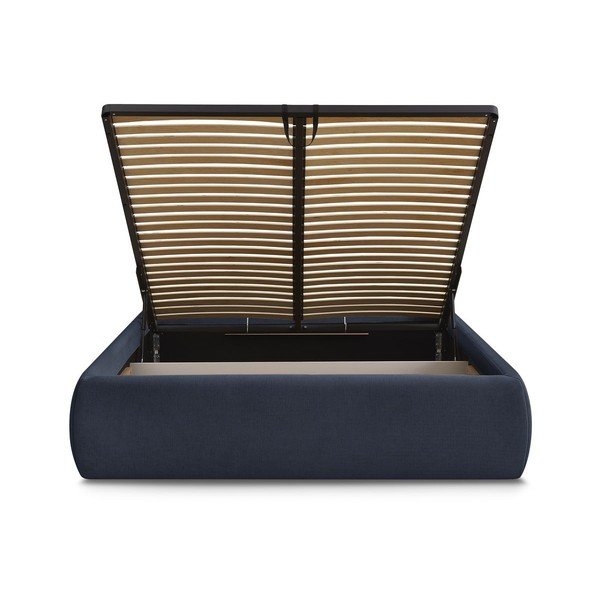 Ciemnoniebieskie tapicerowane łóżko dwuosobowe bez zagłówka ze schowkiem i stelażem 160x200 cm Inera – Bobochic Paris-image-4