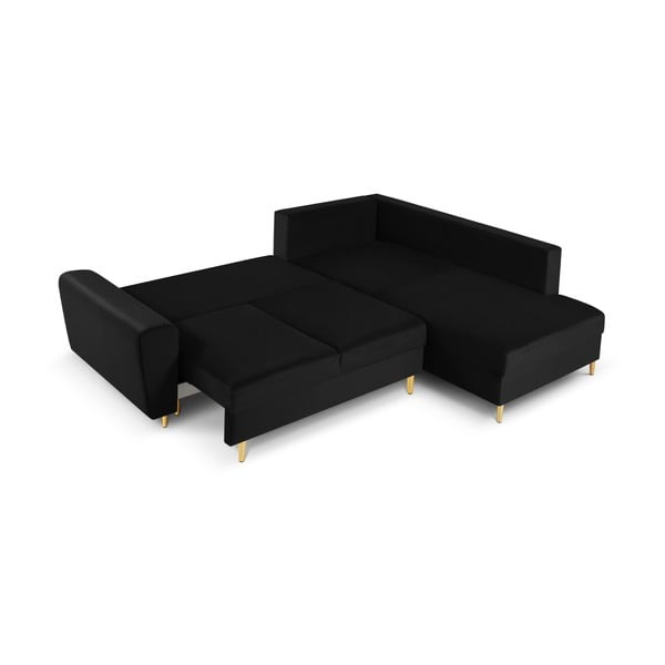 Czarny aksamitny rozkładany narożnik ze schowkiem (prawostronny/w kształcie litery L) Kyoto – Cosmopolitan Design-image-2
