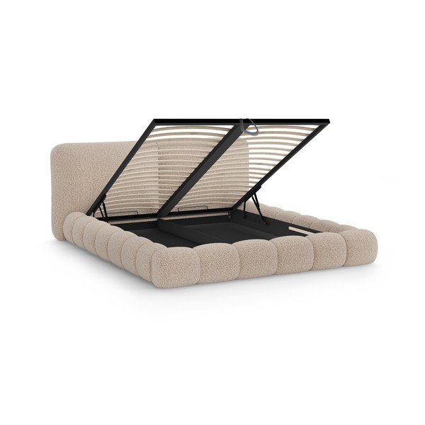 Szarobeżowe tapicerowane łóżko dwuosobowe ze schowkiem i stelażem 200x200 cm Solange – Micadoni -image-2