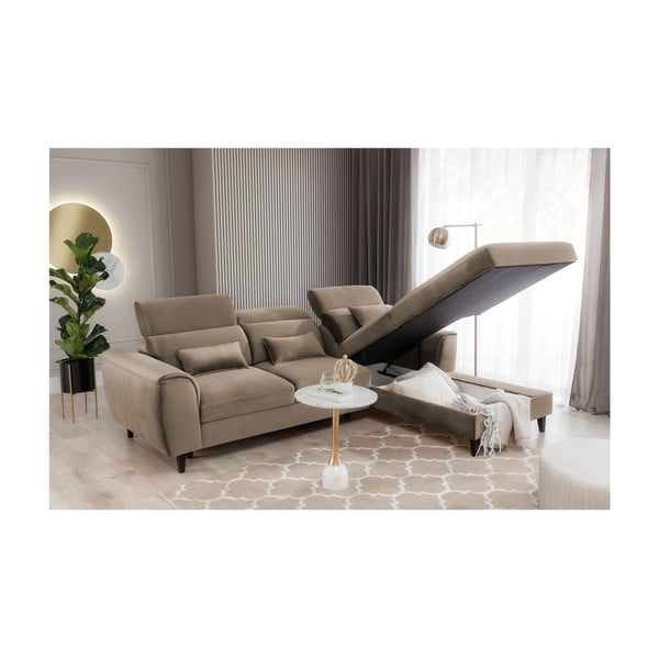 Jasnobrązowy aksamitny rozkładany/ze schowkiem narożnik (prawostronny/z szezlongiem) Foble – ELTAP-image-4