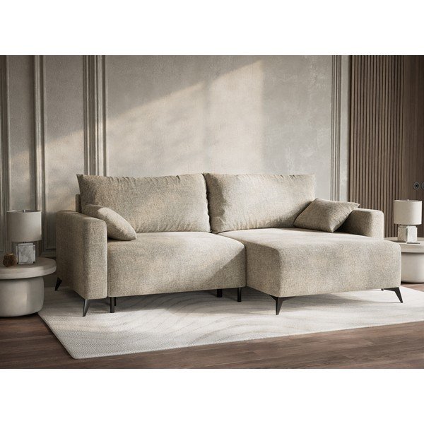 Beżowy rozkładany/ze schowkiem narożnik z tkaniny szenilowej (prawostronny/z szezlongiem) Leon – Maison de Rêve-image-4