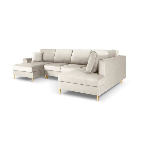 Beżowy aksamitny rozkładany narożnik ze schowkiem (prawostronny/w kształcie litery U) Kyoto – Cosmopolitan Design-image-3