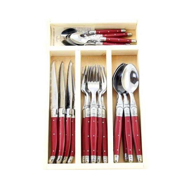 Zestaw 24 czerwonych sztućców w drewnianym pojemniku Jean Dubost Natural Red