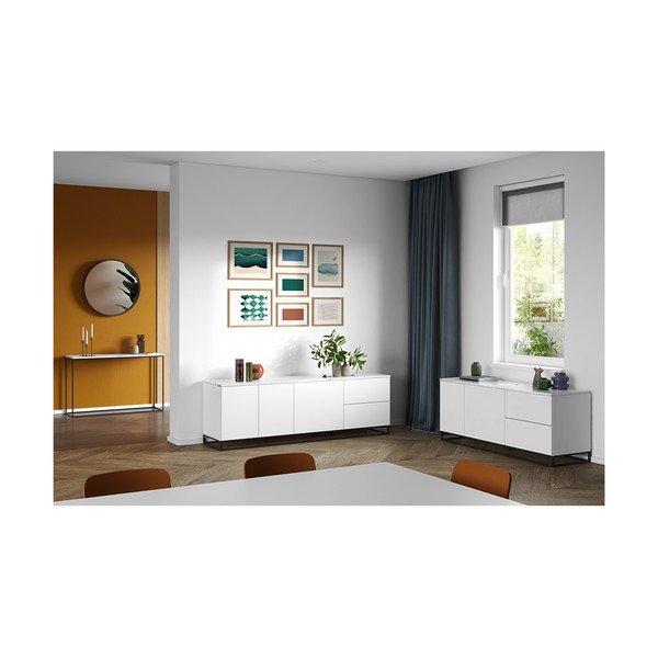 Matowa biała szafka pod TV z białym blatem z dekorem marmuru TemaHome Join, 200x65 cm-image-1