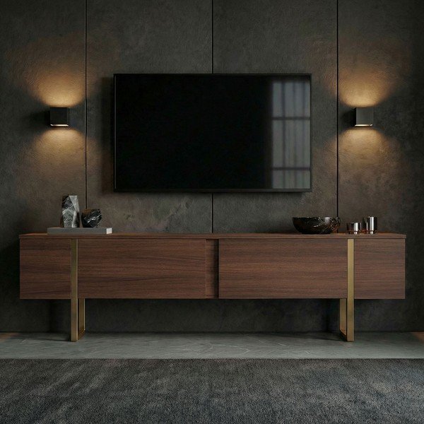 Szafka pod TV w dekorze orzecha w ciemnym naturalnym kolorze 180x50x30 cm Onera – Kalune Design-image-2