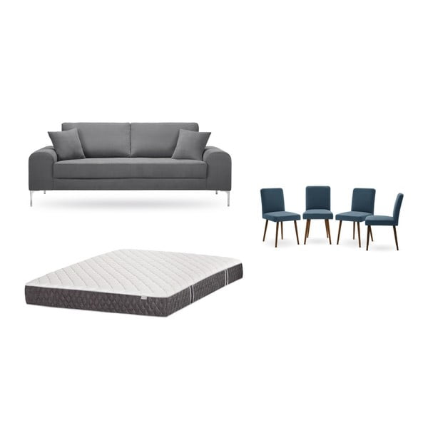Zestaw 3-osobowej szarej sofy, 4 niebieskich krzeseł i materaca 160x200 cm Home Essentials