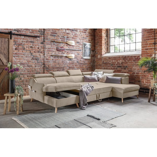 Beżowy aksamitny rozkładany narożnik (prawostronny/w kształcie litery U) Sweet Harmony – Miuform-image-4