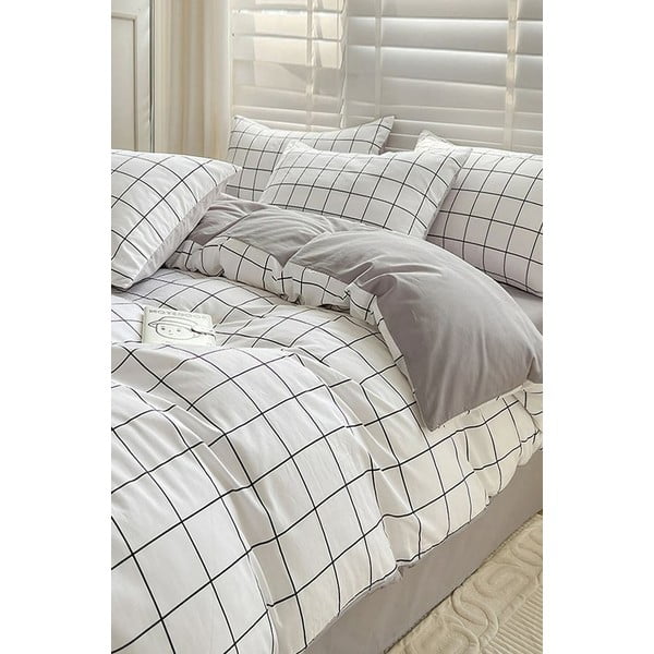 Biało-szara pościel jednoosobowa z bawełny renforcé z prześcieradłem 160x220 cm Checkered – Mila Home-image-3