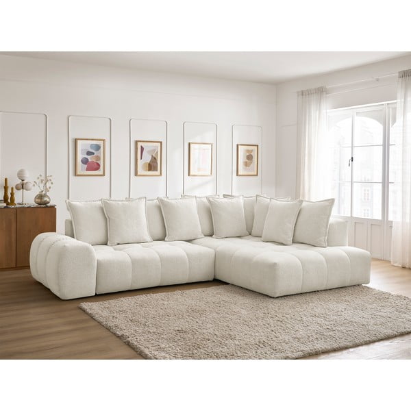 Biały rozkładany/ze schowkiem narożnik z tkaniny szenilowej (prawostronny/w kształcie litery L) Everest – Bobochic Paris-image-1