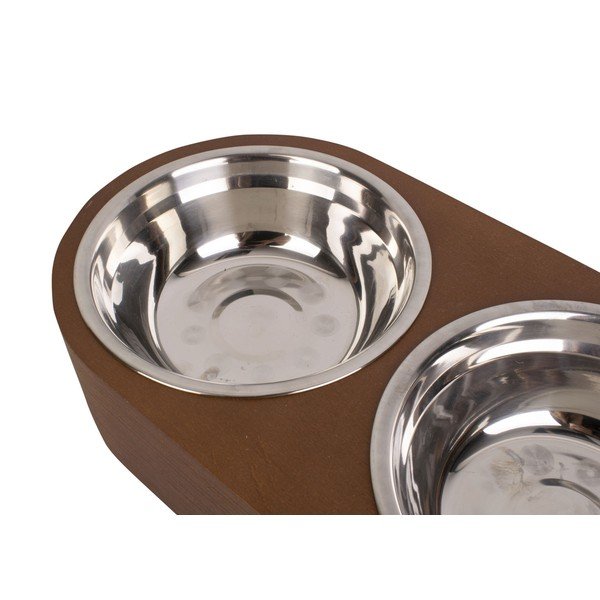 Zestaw 2 metalowych misek i ciemnej drewnianej podstawki PT LIVING Pet, szer. 18 cm-image-3