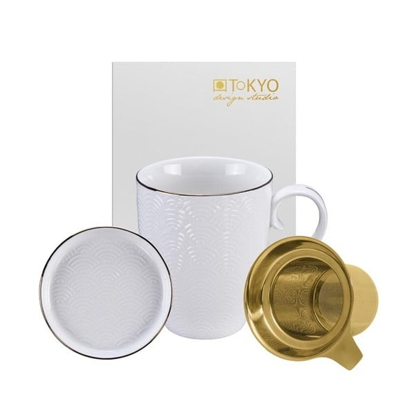 Biały komplet akcesoriów do herbaty z sitkiem w złotym kolorze Tokyo Design Studio Nippon Wave, 380 ml