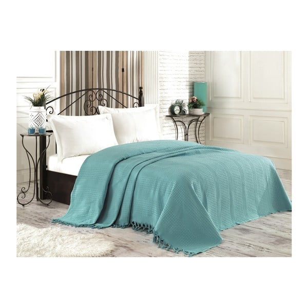 Niebieska narzuta na łóżko z ręcznie wiązanymi frędzlami Pique, 180x240 cm