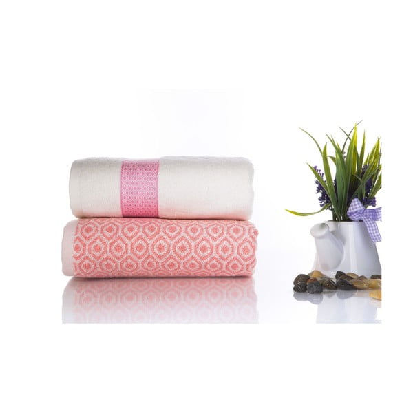 Komplet 2 różowo-białych ręczników z bawełny Ladik Alice, 50x90 cm
