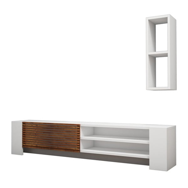 Komplet białej szafki pod TV i półki z detalami z dekorem drewna orzechowego Muzzo Pina