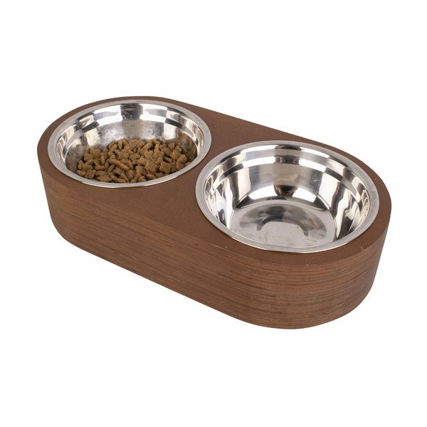 Zestaw 2 metalowych misek i ciemnej drewnianej podstawki PT LIVING Pet, szer. 18 cm-image-4