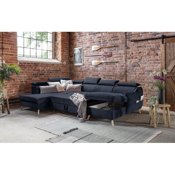 Ciemnoniebieski aksamitny rozkładany narożnik (lewostronny/w kształcie litery U) Sweet Harmony – Miuform-image-3