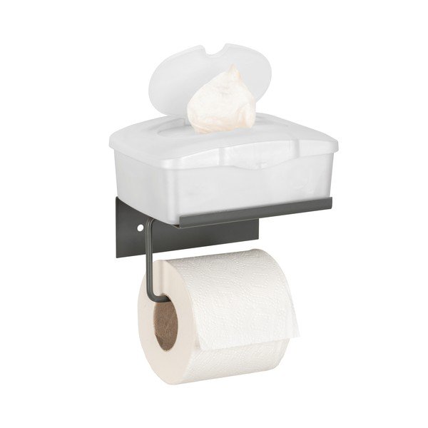 Antracytowy samoprzylepny metalowy uchwyt na papier toaletowy z półką Desulo – Wenko-image-4