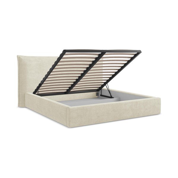Beżowe tapicerowane łóżko dwuosobowe ze schowkiem ze stelażem 140x200 cm Esala – Makamii-image-3
