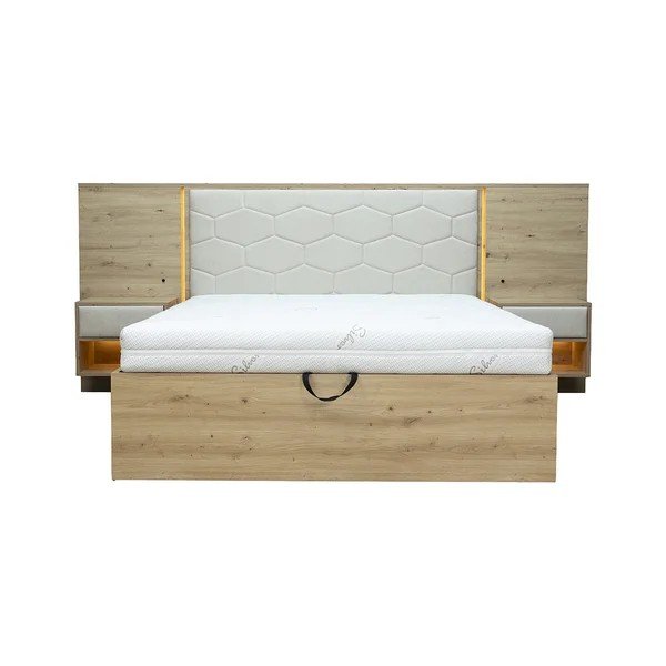 Beżowe tapicerowane/z płyty wiórowej łóżko dwuosobowe ze schowkiem ze stelażem 180x200 cm Palmeraie – Bobochic Paris