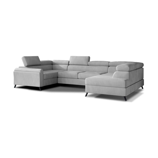 Jasnoszary aksamitny rozkładany/ze schowkiem narożnik (prawostronny/w kształcie litery U) Escada – ELTAP