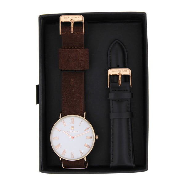Komplet ciemnobrązowych zegarków męskich z paskami Black Oak Elegant 