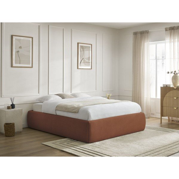 Pomarańczowe tapicerowane łóżko dwuosobowe bez zagłówka ze schowkiem i stelażem 160x200 cm Inera – Bobochic Paris-image-1
