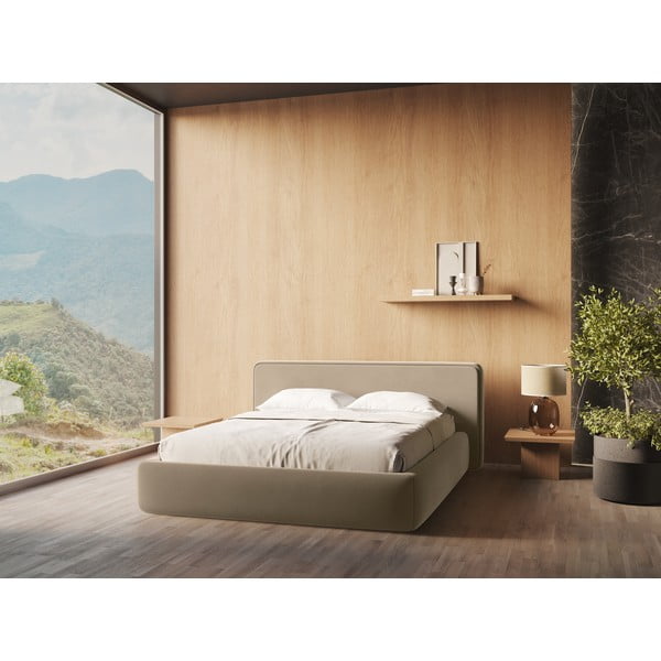 Jasnobrązowe tapicerowane łóżko dwuosobowe ze schowkiem i stelażem 180x200 cm Kiana – Makamii-image-1