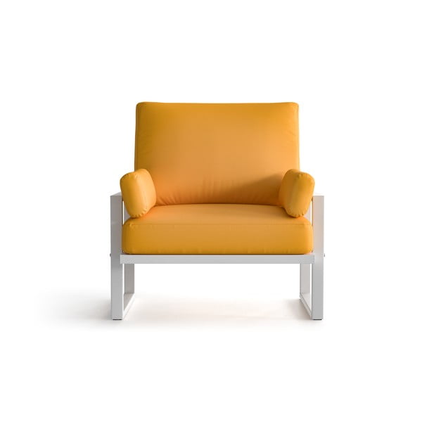 Żółty fotel ogrodowy z podłokietnikami i jasnymi nóżkami Marie Claire Home Angie