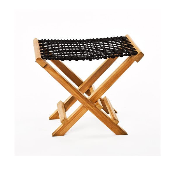 Zestaw 2 czarnych stołków składanych z drewna tekowego i siedziskiem ze sznurka Simla Lay