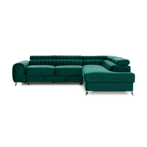 Zielony aksamitny rozkładany/ze schowkiem narożnik (prawostronny/w kształcie litery L) Laurence – ELTAP