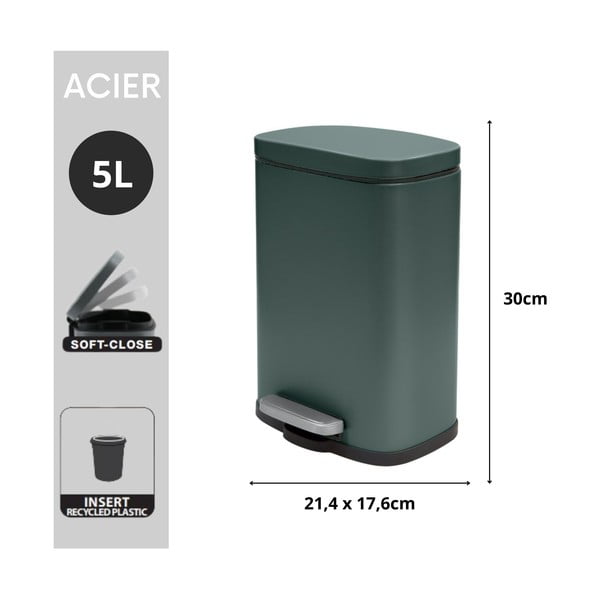 Ciemnozielony stalowy kosz na śmieci z pedałem 5 l   Akira – Spirella-image-2
