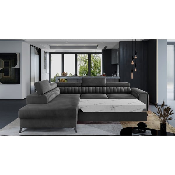 Ciemnoszary aksamitny rozkładany/ze schowkiem narożnik (lewostronny/w kształcie litery L) Laurence – ELTAP-image-2