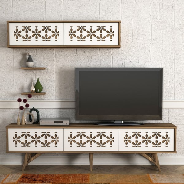 Komplet szafki pod TV i szafek ściennych w dekorze drewna orzecha Flor