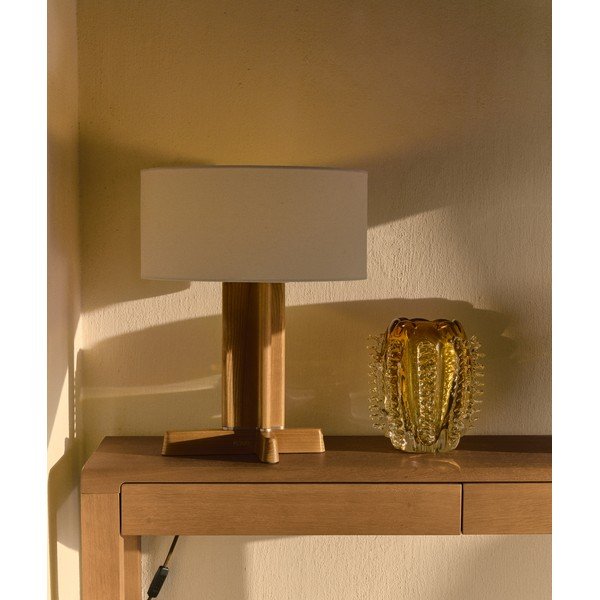 Biała/brązowa lampa stołowa z litego drewna kauczukowego z tekstylnym kloszem (wysokość 48 cm) Niani – Kave Home-image-1