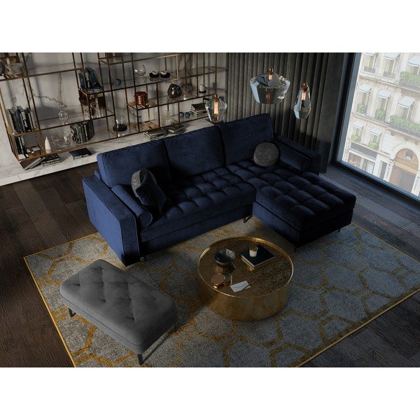 Niebieski aksamitny rozkładany narożnik Milo Casa Santo, prawostronny-image-1