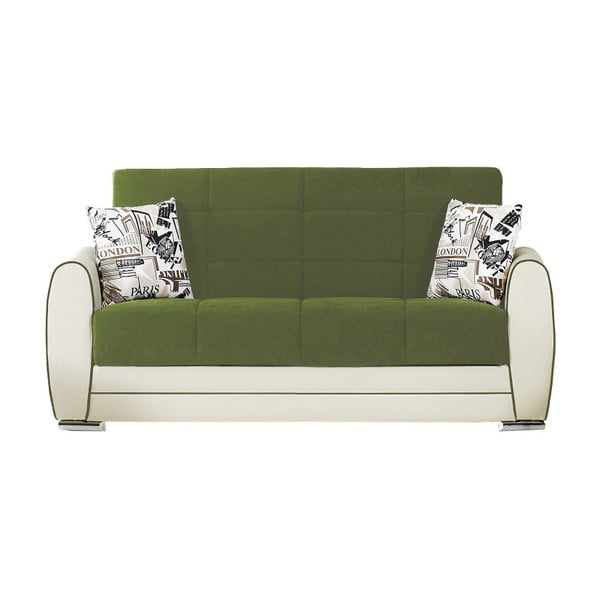 Zielono-kremowa dwuosobowa sofa rozkładana ze schowkiem Esidra Rest