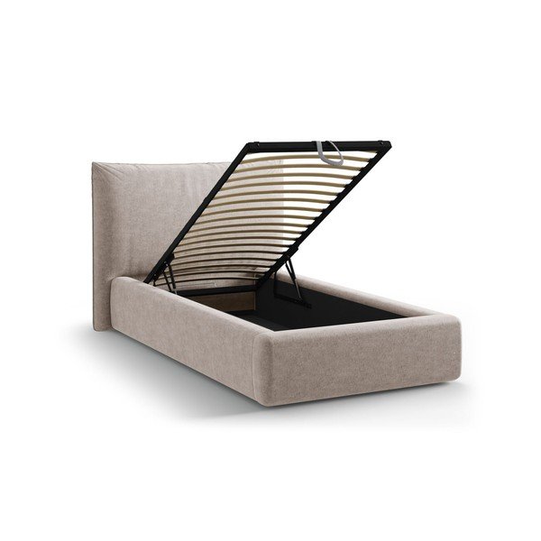 Beżowe tapicerowane łóżko jednoosobowe ze schowkiem i stelażem 90x200 cm Kaelle – Micadoni -image-1