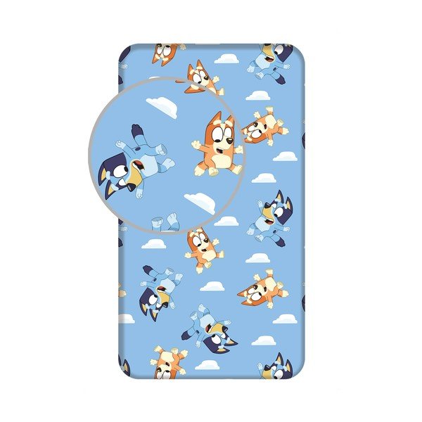 Niebieskie bawełniane prześcieradło dziecięce jednoosobowe z gumką 90x200 cm Bluey – Jerry Fabrics