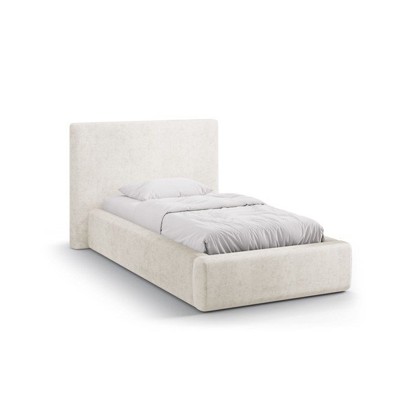 Kremowe tapicerowane łóżko jednoosobowe ze schowkiem i stelażem 90x200 cm Amy – Micadoni 