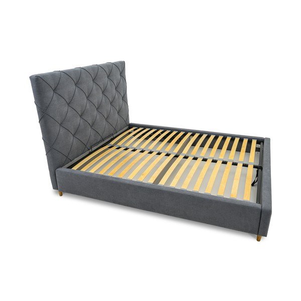 Szare tapicerowane łóżko dwuosobowe ze schowkiem i stelażem 160x200 cm Bee – Scandic-image-4