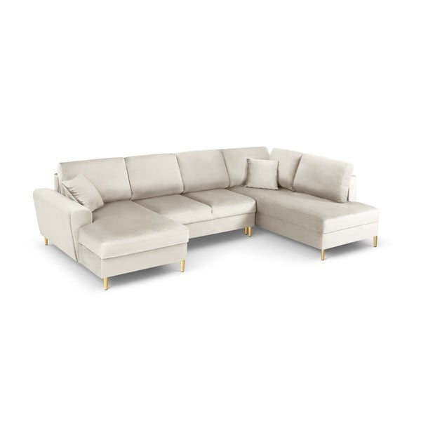 Beżowy aksamitny rozkładany narożnik ze schowkiem (prawostronny/w kształcie litery U) Kyoto – Cosmopolitan Design-image-1