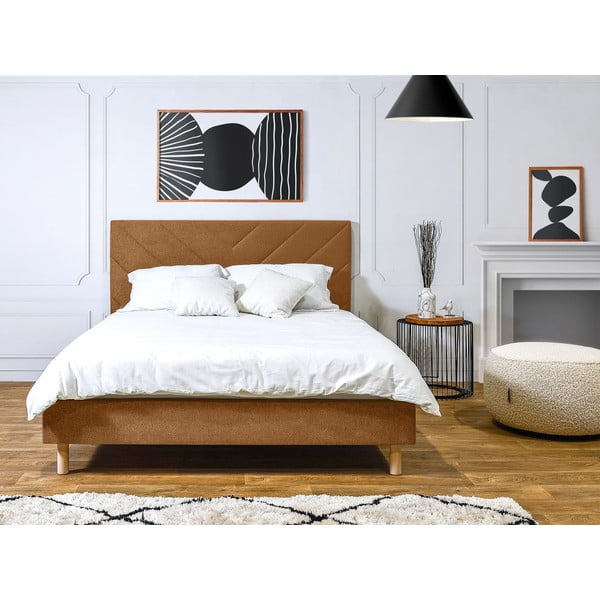 Pomarańczowe tapicerowane łóżko dwuosobowe ze stelażem 160x200 cm Romane – Bobochic Paris-image-3